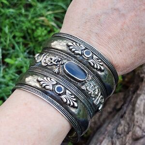 Wide Silver Tone Lucky Dragon Asian Cuff Bracelet Black enamel Inlay